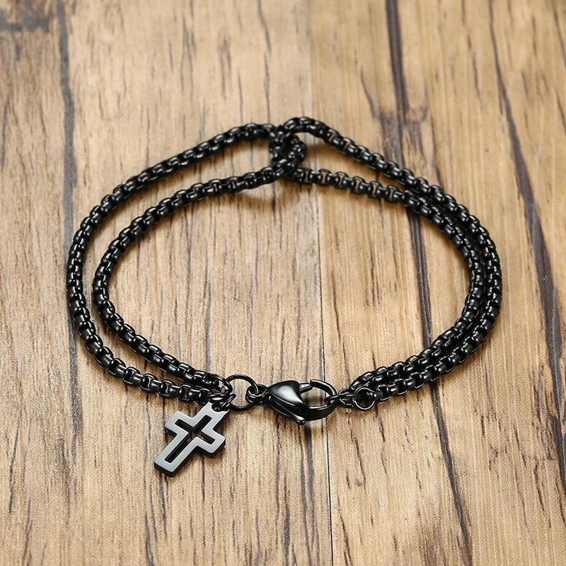 Simple Layered 3mm Rolo Chain Bracelets for Men,Round Box Link With Cross Charm Wristband,Christ Prayer Vintage Dad Gift  (GoldenCity)