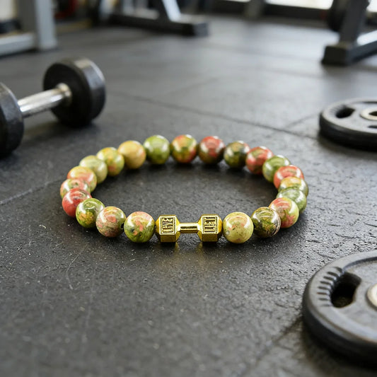Dumbbell Barbell Shape Pendant Men's Fitness Bracelet Natural Unakite Stone Beads Bangle for Men Gym Strengthen the Muscle Gift  (GoldenCity)