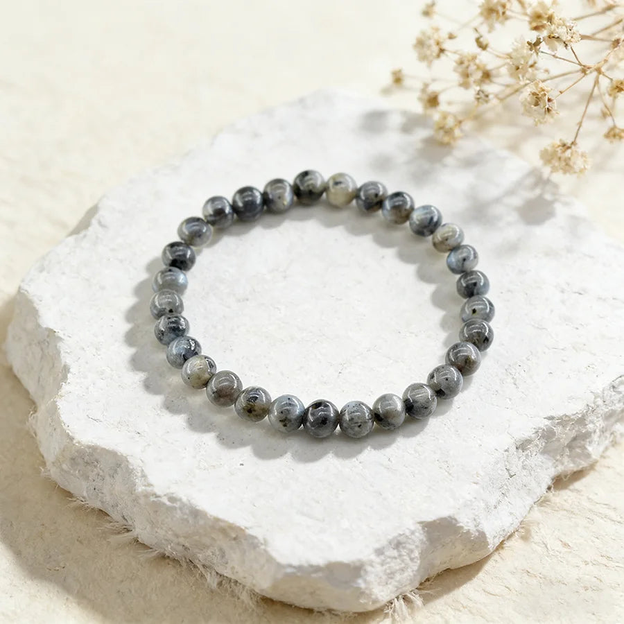 Natural Black Labradorite Stone Smooth Round Shape Beads Bracelet Fashionable Handmade Elastic Jewelry Accessories 1 Dollar Item  (GoldenCity)