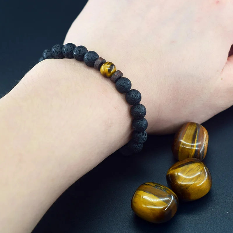 Natural Yellow Tiger Eye Bead Bracelet Men Women Black Volcanic Lava Wristband Tibetan Buddha Elastic Rope Couple Stone Bracelet  (GoldenCity)