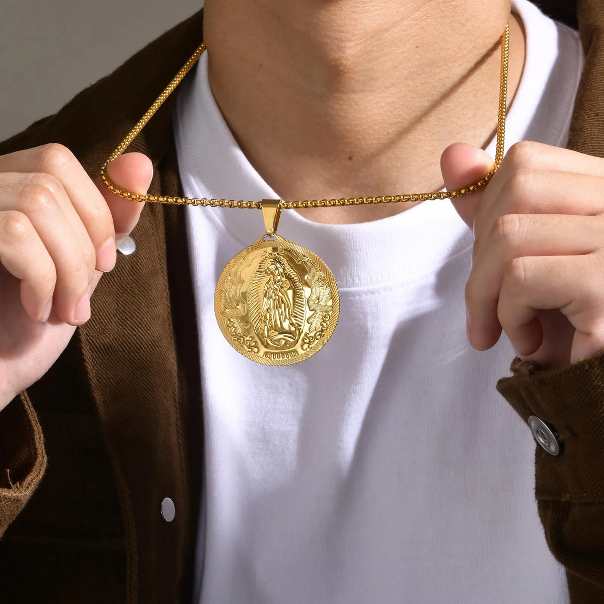 Gold Color Virgin Mary Pendant Necklaces for Men Women,Stainless Steel Metal Mother Mary Collar Religious Gifts Jewelry  (GoldenCity)
