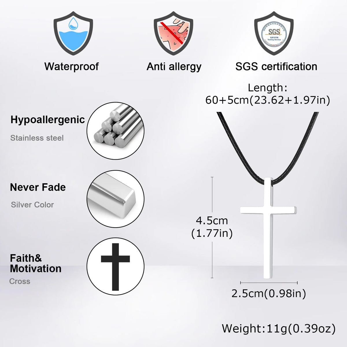 Minimalist Stainless Steel Cross Necklaces,Simple Thick Metal Pendant with Adjustable Black Rope Chain,Mens Religon Jewelry  (GoldenCity)