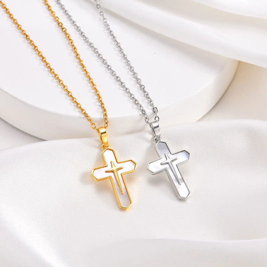 Double Cross Pendant Necklaces for Women, Bling Shell Cross Necklaces, Christ Religious Faith Jewelry  (GoldenCity)