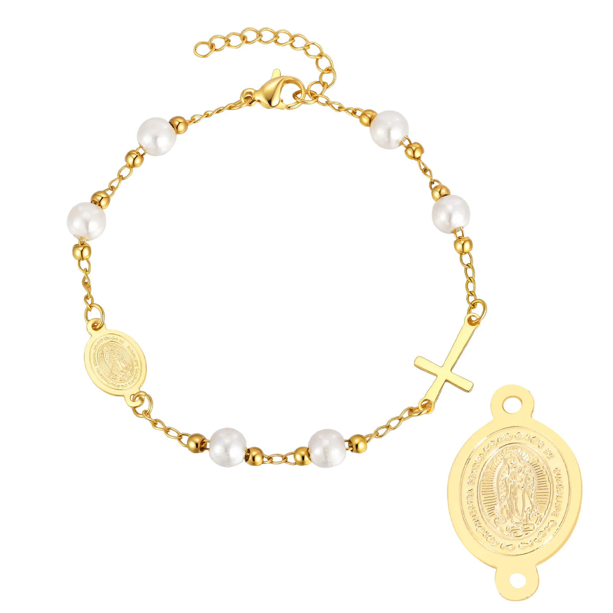 Metal Virgin Mary Saint Benedict Cross Bracelet, Stainless Steel Bead Pearl Chain Bracelets For Women Religious Jewelry  (GoldenCity)