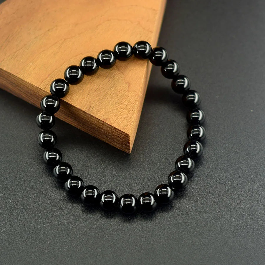 Classic Black Obsidian Onyx Bead Bracelet for Men Natural Stone Shiny Black Obisidian Handmade Bracelet Ward off Evil Jewelry  (GoldenCity)