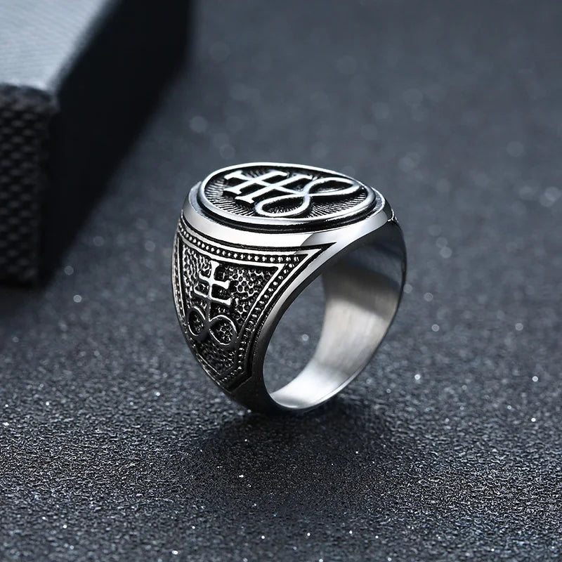 Sigil of Lucifer Devil Seal of Satan Stamp Ring for Men Casting Stainless Steel Punk Signet Ring Band  (GoldenCity)