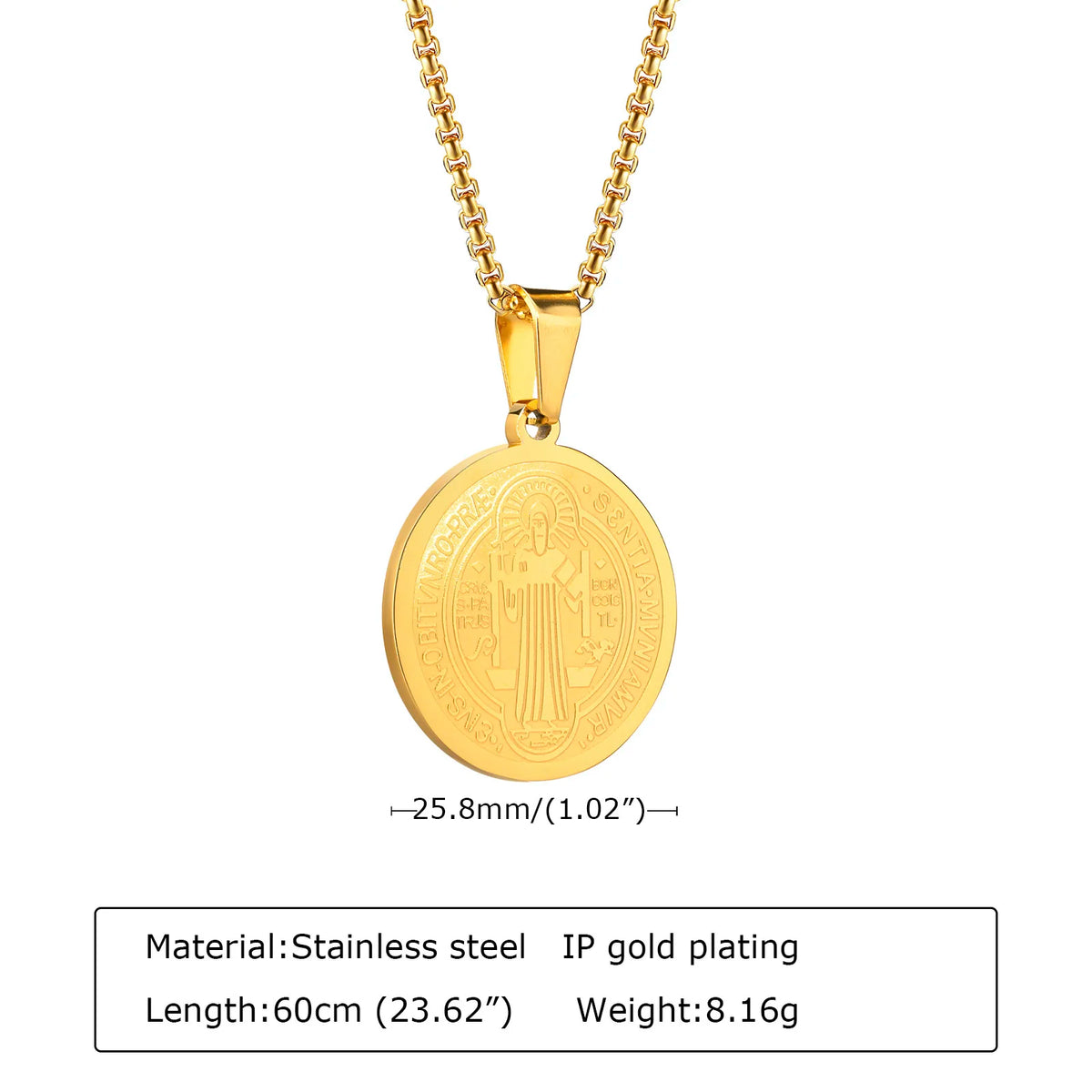 Men Saint Benedict Medal Necklace, Gold Color Stainless Steel Christian Sacramental Catholic Jewelry Gift,with Box Chain  (GoldenCity)
