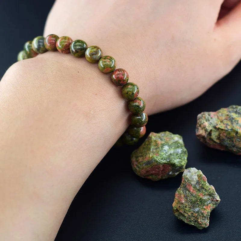 Original Natural Unakite Stone Beads Bracelet Women Men Hualubao Green Gemstone Bohemia Style Elastic Rope Bracelet Jewelry Gift  (GoldenCity)