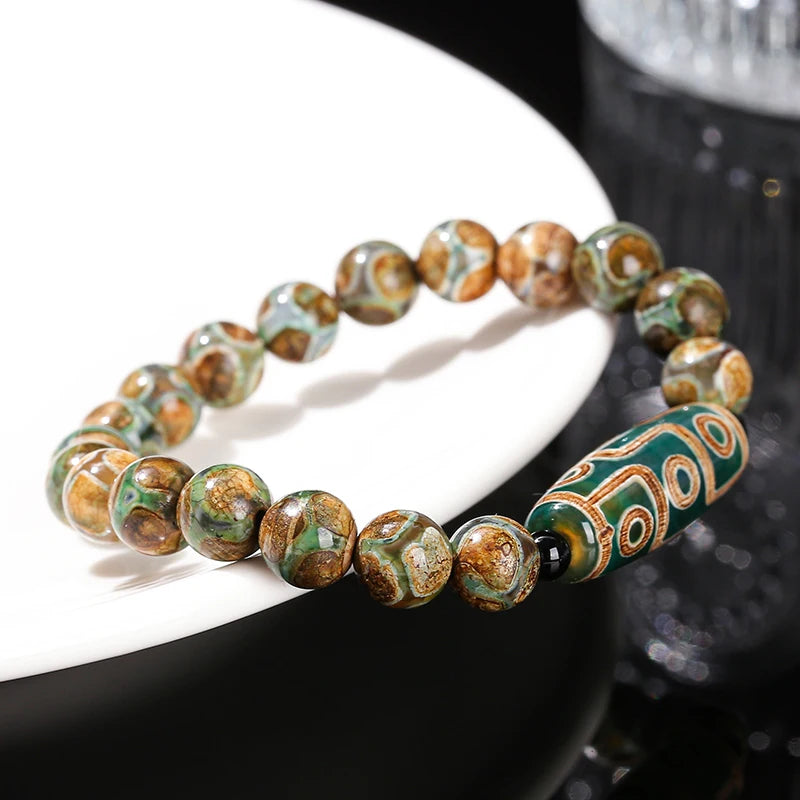 Natural Green Nine Eyes Tibetan Dzi Agate Barrel Beads Bracelet Women Men Retro Healing Buddha Prayer Charm Yoga Jewelry Gift  (GoldenCity)