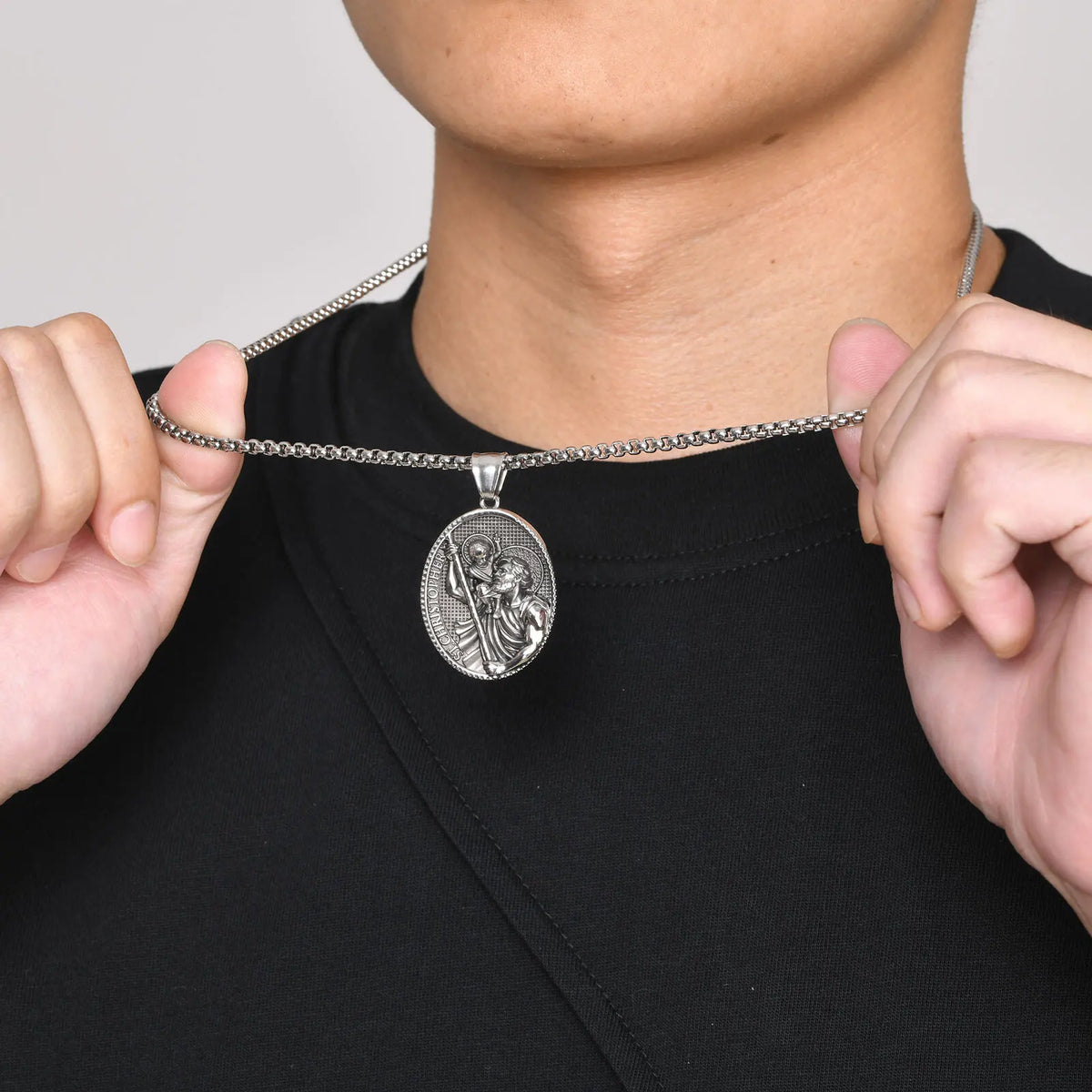 Stainless Steel Necklaces For Men Women Saint Christopher Elliptical Tag Black Pendant Classic Faith Jewelry Gifts  (GoldenCity)
