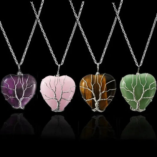 Natural Stone Tree of Life Wire Wrapped Love Heart Necklace Pendant Natural Stone Tiger Eye Pink Quartz Black Agate For Women  (GoldenCity)
