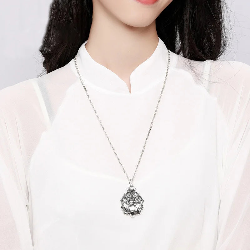 Retro Avalokitesvara Pendant Men Jewelry Maitreya Buddha Necklace Male Amulet Lotus Statue Necklaces Lady  (GoldenCity)