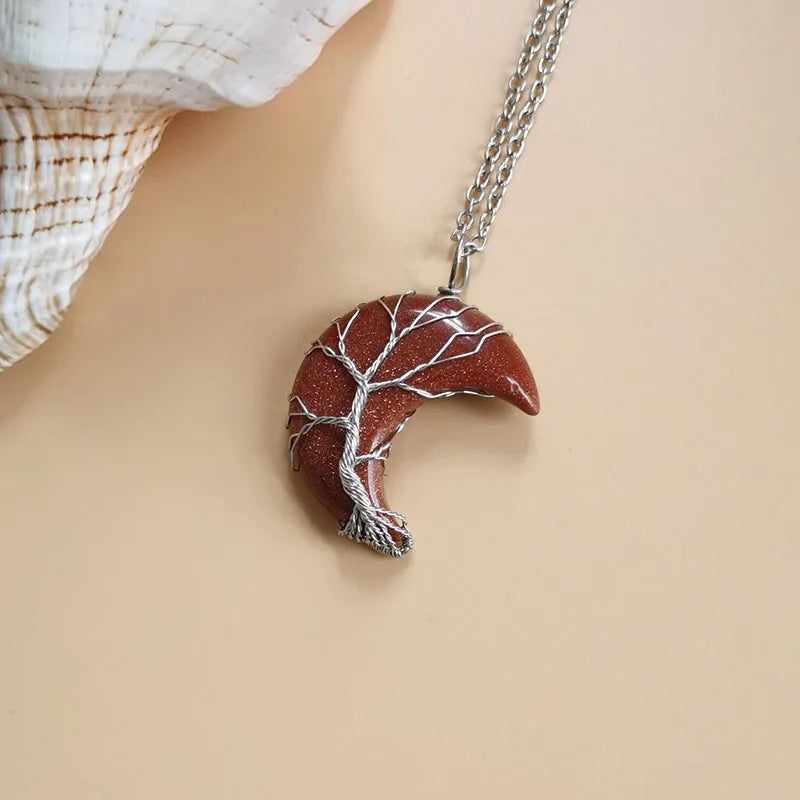 Natural Crystal Pendant Wire Wrap Tree Of Life Big Moon Crescent Mineral Stone Pendulum Amethyst Quartz Necklace For Women Gift  (GoldenCity)