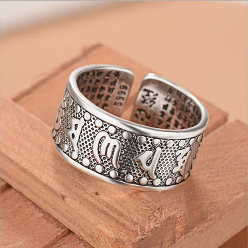 Retro Buddhism Heart Sutra Ring for Men Jewelry Wide Open Ring Male Buddha Mantra Iscripture Index Finger Accessories  (GoldenCity)