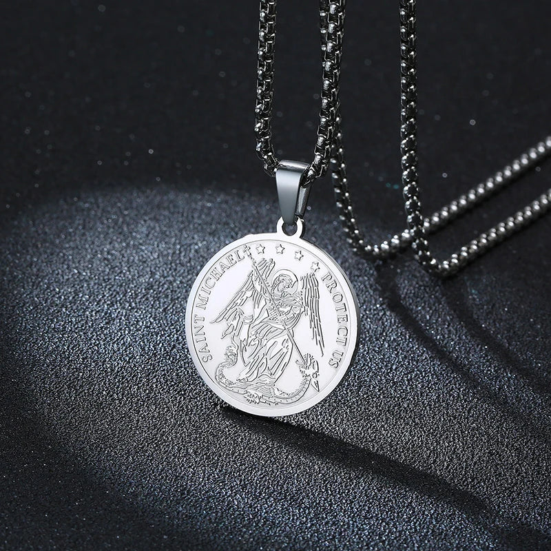 Retro Saint Michael Necklaces for Men Stainless Steel Commander one of the Chief Princes Pendants Male Jewelry  (GoldenCity)