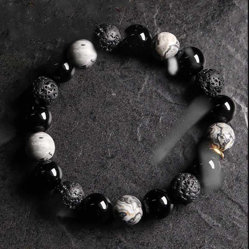 Dark Series Retro Natural Black Onyx Volcanic Rock Map Stone Beads Bracelet Homme Copper Accessories Lava Jewelry for Women Gift  (GoldenCity)