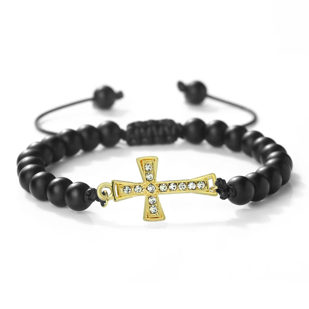 New Charm Jesus Cross Pendant Braided Bracelet 6mm Black Matte Malachite Couple Bracelet Women Men Healing Jewelry Gift  (GoldenCity)