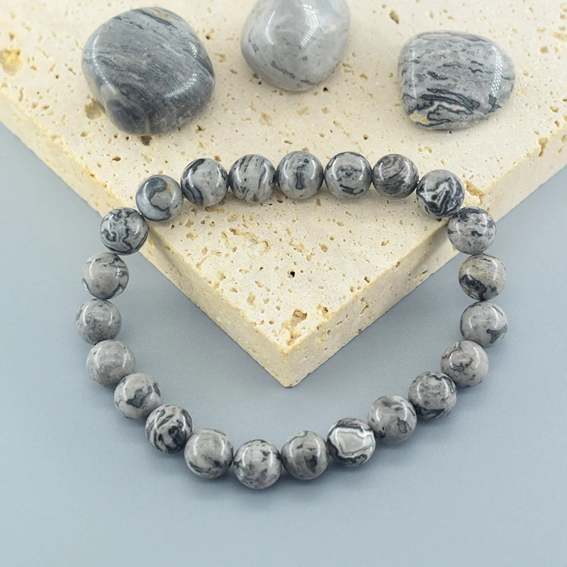 Real Natural Gray Picasso Map Stone Round Beads Stone Beads Bracelet Homme Energy Healing Jewelry for Women Yoga Meditation Gift  (GoldenCity)