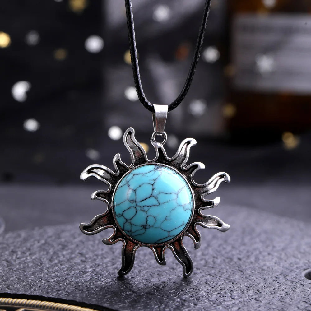 Fashion Natural Gem Stone Quartz Crystal Tiger-eye Plated Silver Alloy Sun Pendant Jewelry Making Accessories Sun Necklace Gift  (GoldenCity)
