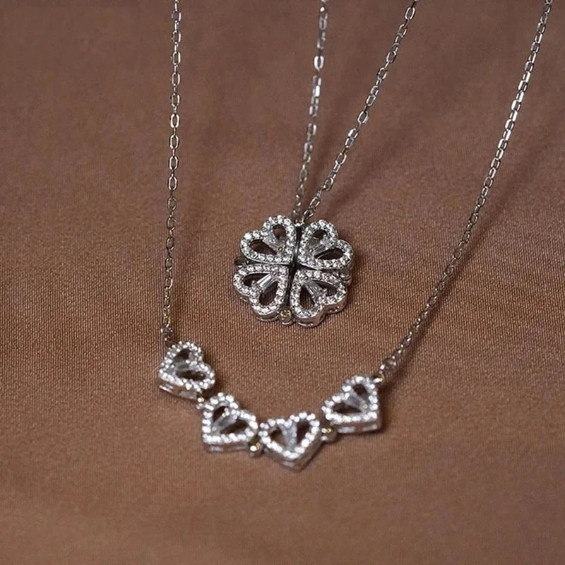 1pc Heart Shaped Four Leaf Clover Pendant Necklace Jewelry Zircon Women Love Clavicle Chain Gifts Openable ChokerJewelry  (GoldenCity)