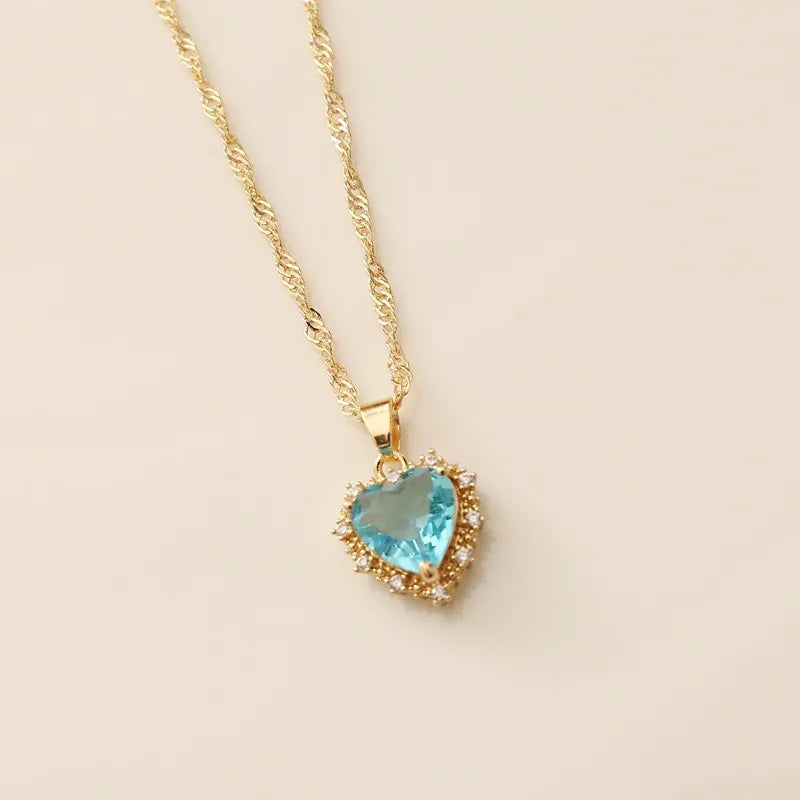 Heart Copper Necklace Fashion Jewelry White Sapphire Artificial Zircon Chain Necklaces for Women Jewelry Necklace Vintage Women  (GoldenCity)