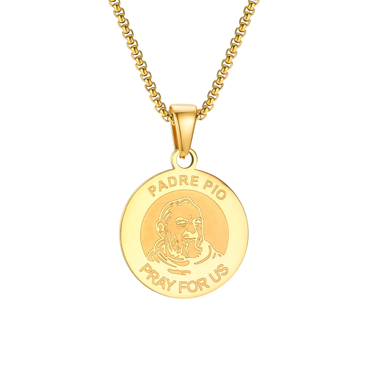 Padre Pio Coin Pendant Necklaces for Men, Gold Plated Stainless Steel Religious Catholic Pray Collar Jewelry  (GoldenCity)