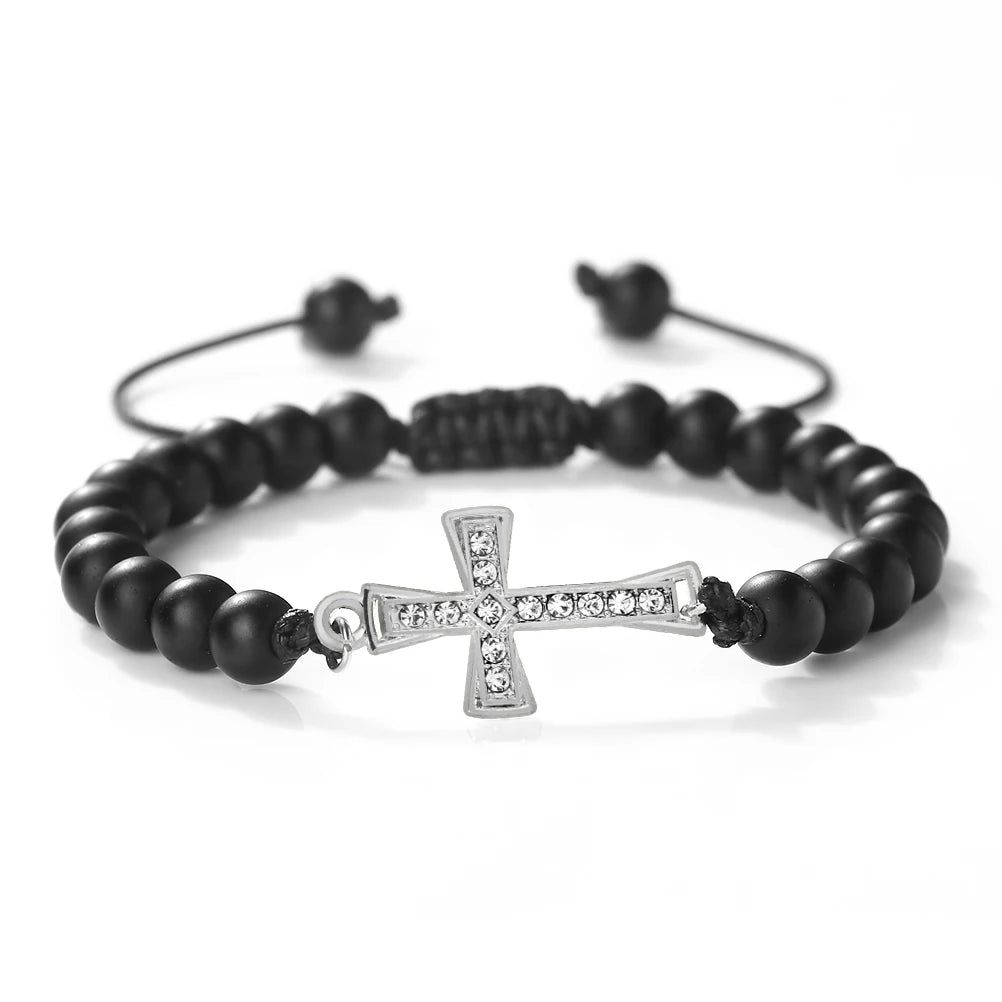 New Charm Jesus Cross Pendant Braided Bracelet 6mm Black Matte Malachite Couple Bracelet Women Men Healing Jewelry Gift  (GoldenCity)