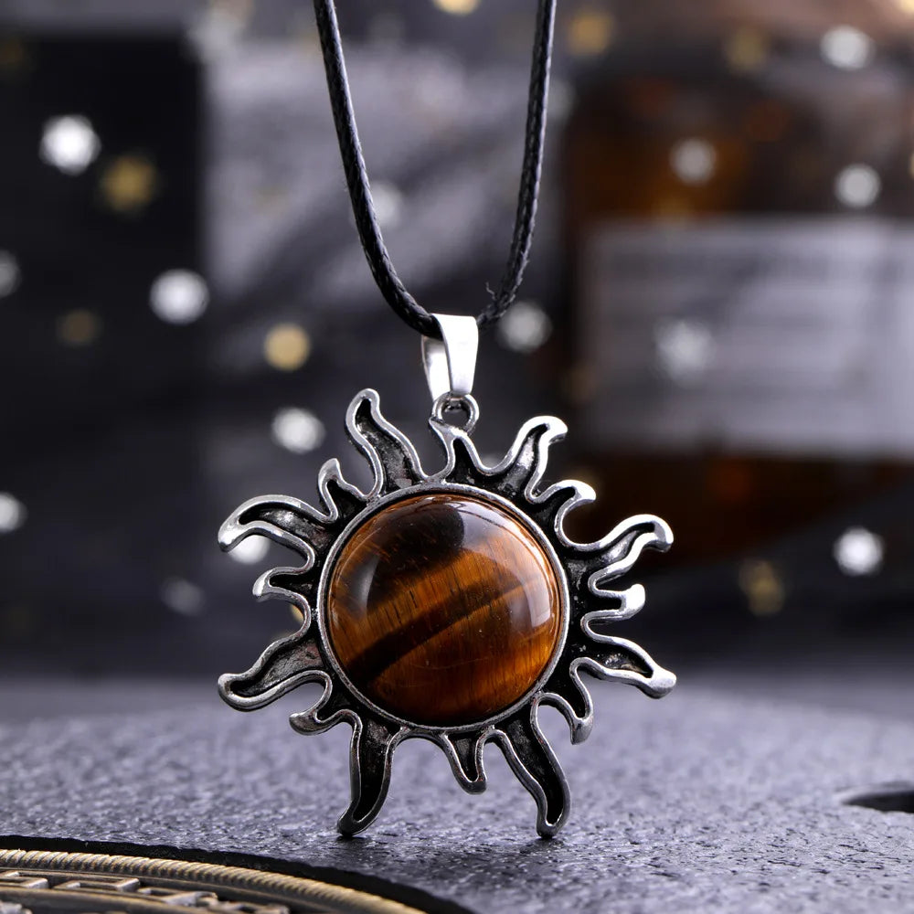 Fashion Natural Gem Stone Quartz Crystal Tiger-eye Plated Silver Alloy Sun Pendant Jewelry Making Accessories Sun Necklace Gift  (GoldenCity)