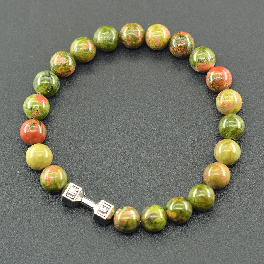 Dumbbell Barbell Shape Pendant Men's Fitness Bracelet Natural Unakite Stone Beads Bangle for Men Gym Strengthen the Muscle Gift  (GoldenCity)