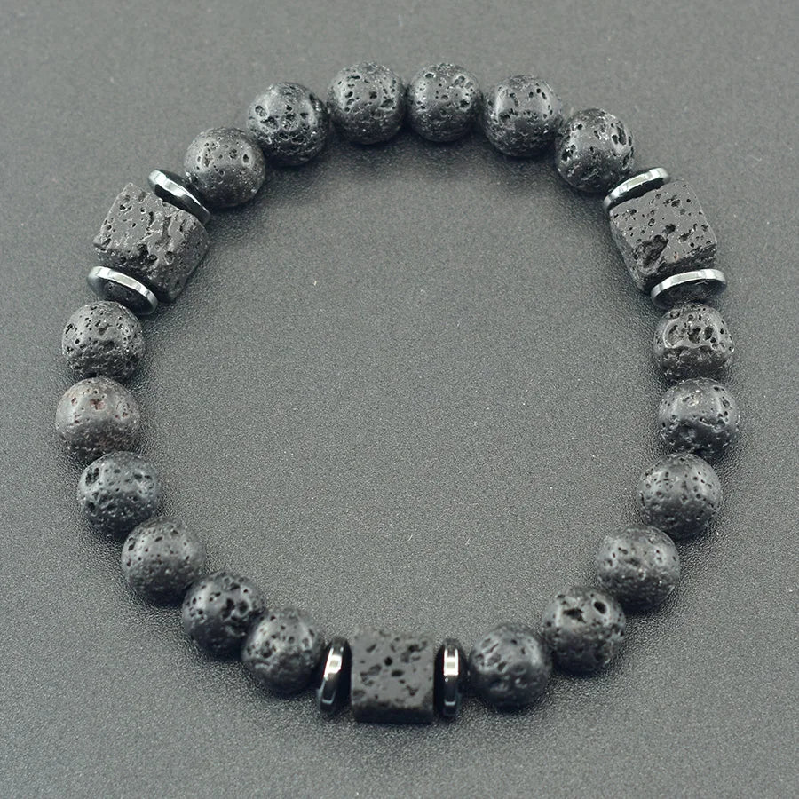 Natural Black Picasso Stone Beads Bracelet Men Retro Black Block Volcanic Lava Jewelry for Women Couple Matching Gift Wholesale  (GoldenCity)