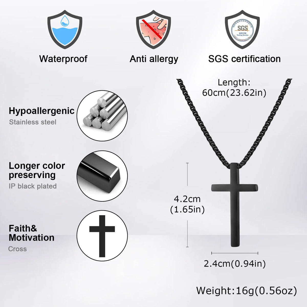 Cross Necklaces for Men Women, Simple Plain Black Silver Color Stainless Steel Thick Cross Pendant with Box Chain  (GoldenCity)