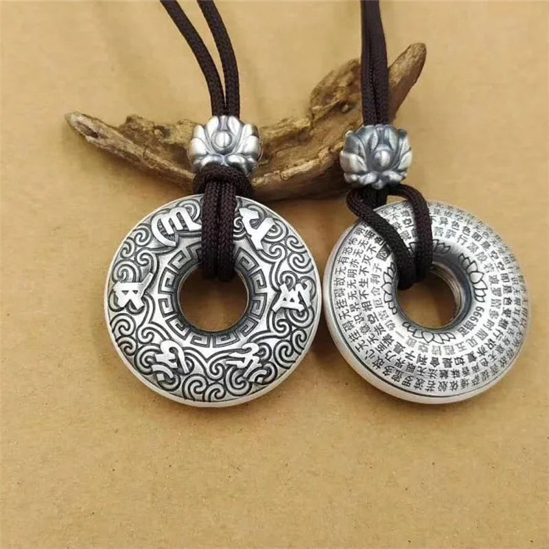 Silver Retro Lotus Buddha Sutra Six-character Mantra Pendant Necklace For Men Women Jewelry Ethnic Black Rope Male Necklace Amulet Gift  (GoldenCity)