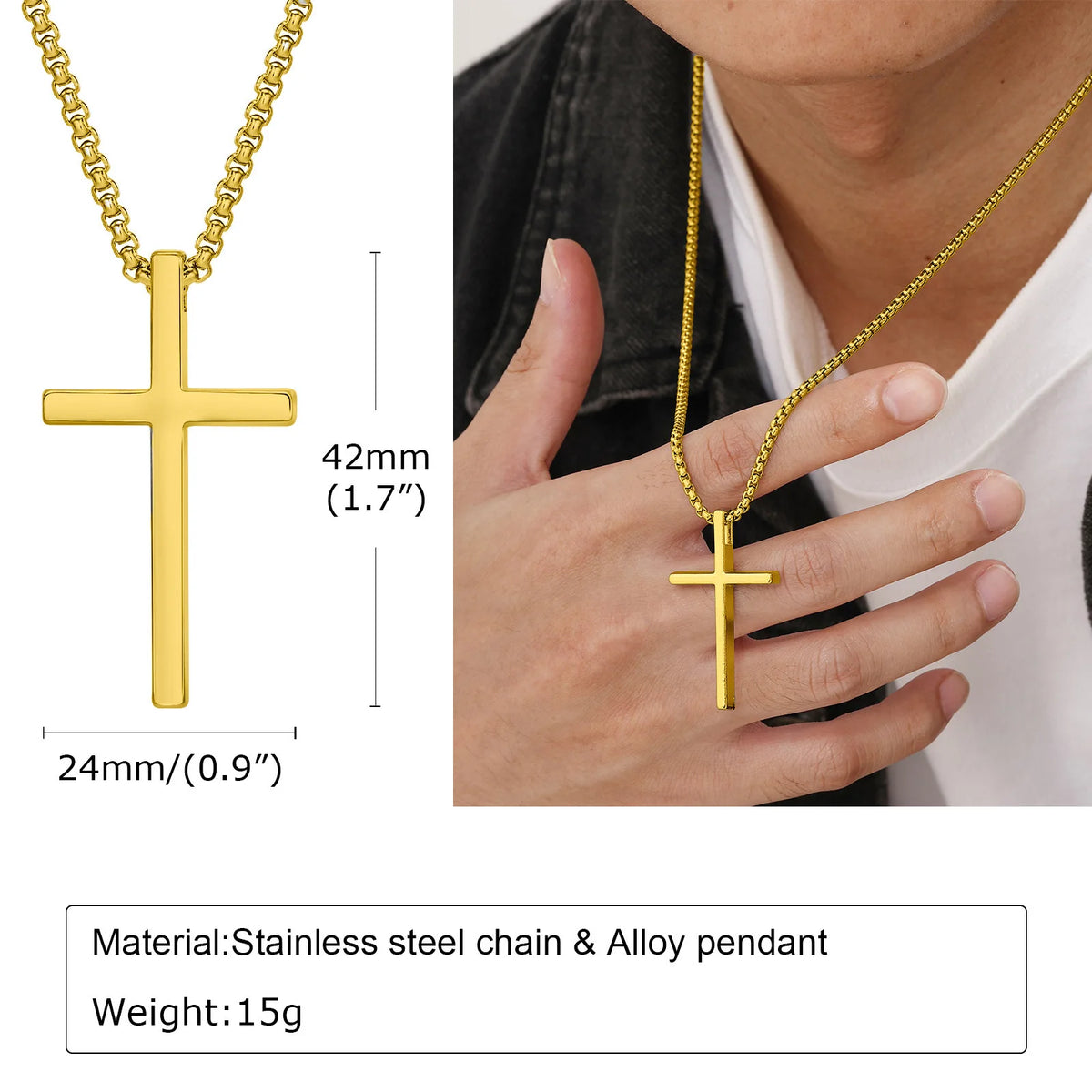 Cross Necklace for Men Women, Silver Color Plain Alloy Metal Cross Pendant Collar with Stainless Steel Box Chain  (GoldenCity)