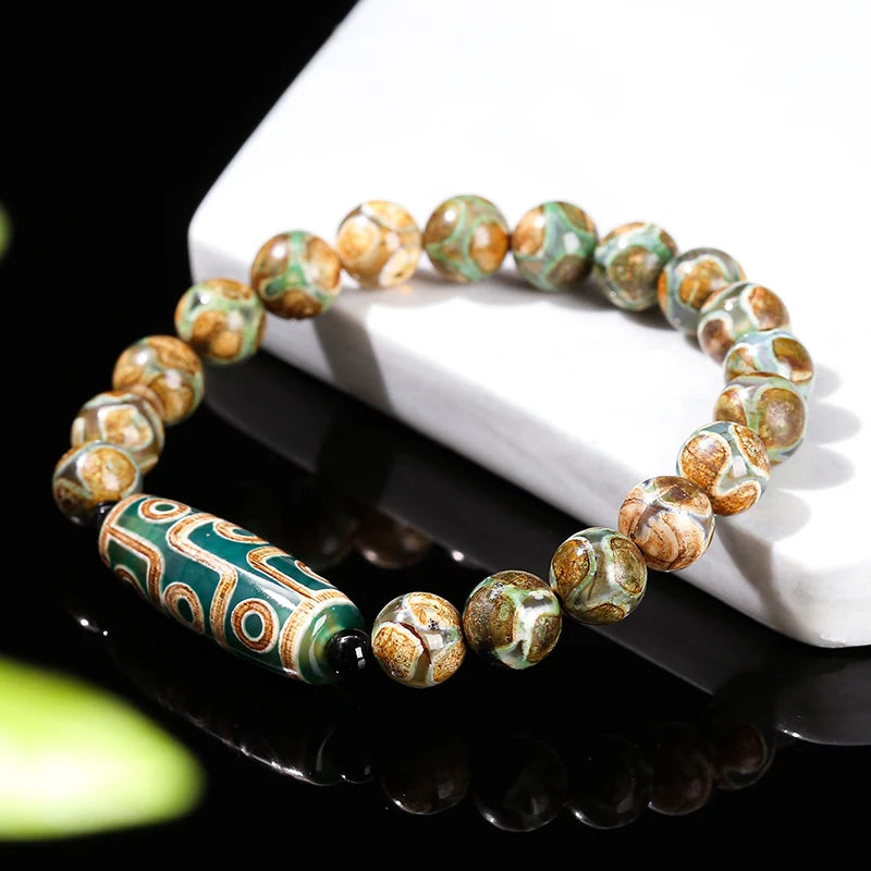 Natural Green Nine Eyes Tibetan Dzi Agate Barrel Beads Bracelet Women Men Retro Healing Buddha Prayer Charm Yoga Jewelry Gift  (GoldenCity)