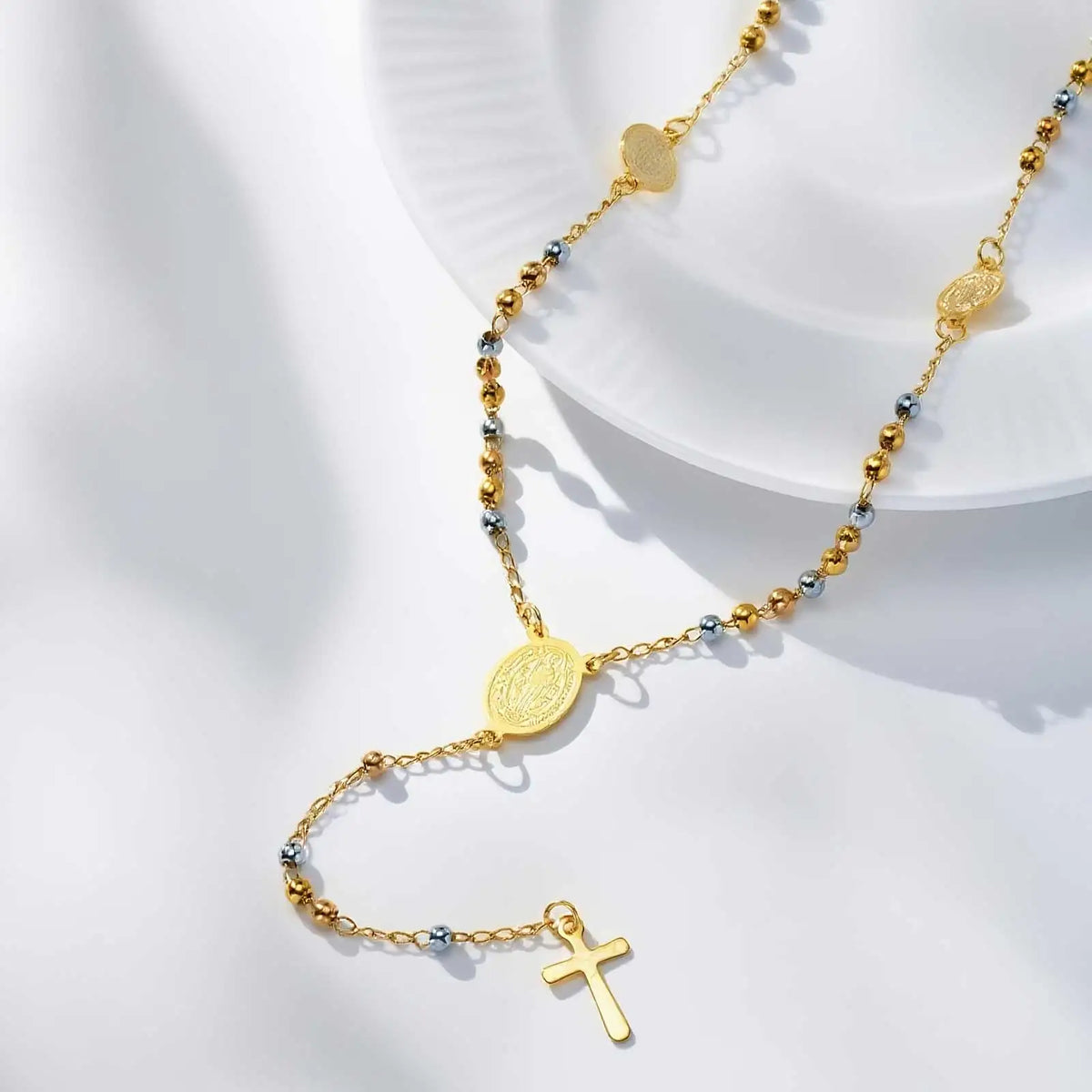 Stylish Stainless Steel Virgin Mary Necklaces, Multiple Beads Chain Cross Pendant, Long Sweater Chain Jewelry For Women  (GoldenCity)