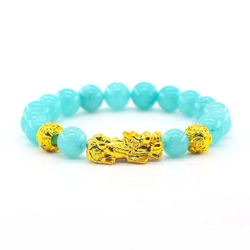 Pixiu Bracelet Feng Shui Wealth and Good Luck Bracelet Homme Wristband Gold Color Obisidian Stone Beads Black Six Character Gift  (GoldenCity)