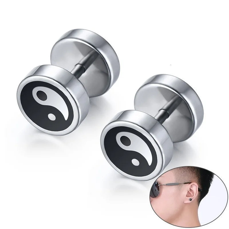 Chinese Yin and Yang Stud Earrings for Men Jewelry Stainless Steel Round Tai Chi brinco masculino  (GoldenCity)