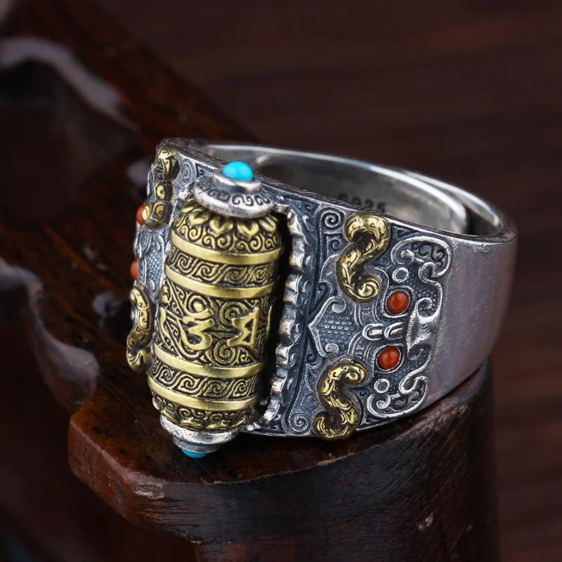 Retro Buddhist Scripture Ring Can Be Rotatable For Men Jewelry Personality Silver 925 Ring Adjustable Male Index Finger Bijou  (GoldenCity)