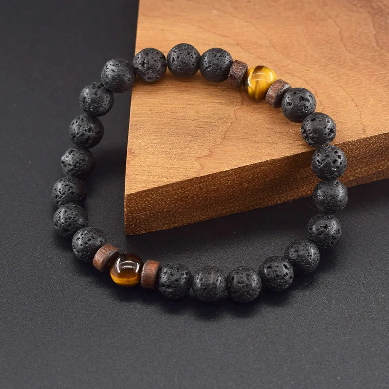Natural Yellow Tiger Eye Bead Bracelet Men Women Black Volcanic Lava Wristband Tibetan Buddha Elastic Rope Couple Stone Bracelet  (GoldenCity)