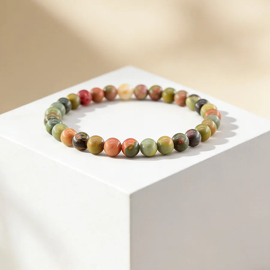 Genuine Natural Unakite Stone Bracelet Natural Gemstone Bead Jewelry for Women Bohemia Style Elastic Bangle Relieve Anxiety Gift  (GoldenCity)