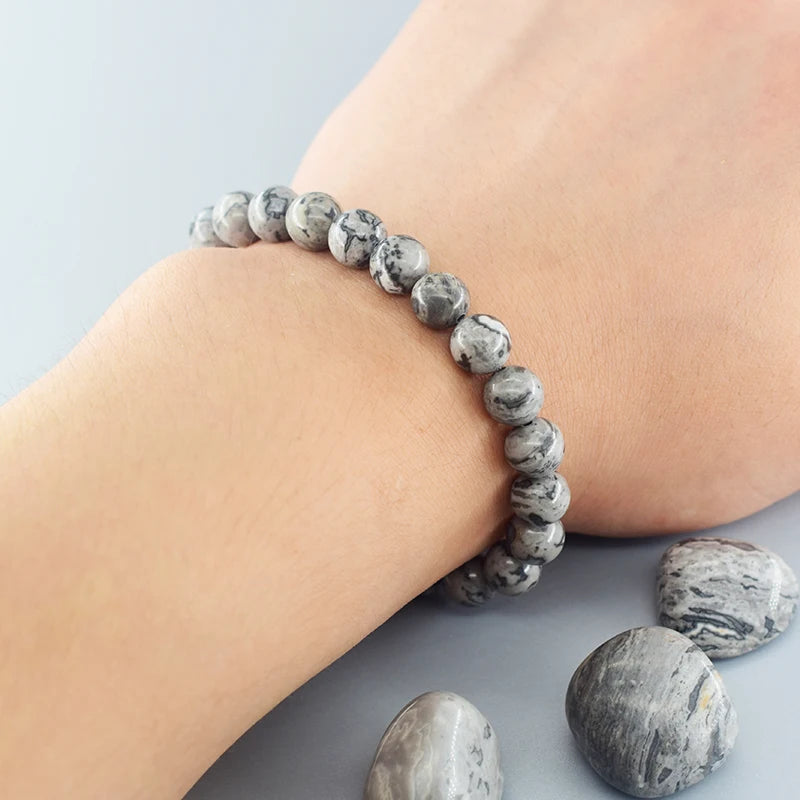 Real Natural Gray Picasso Map Stone Round Beads Stone Beads Bracelet Homme Energy Healing Jewelry for Women Yoga Meditation Gift  (GoldenCity)