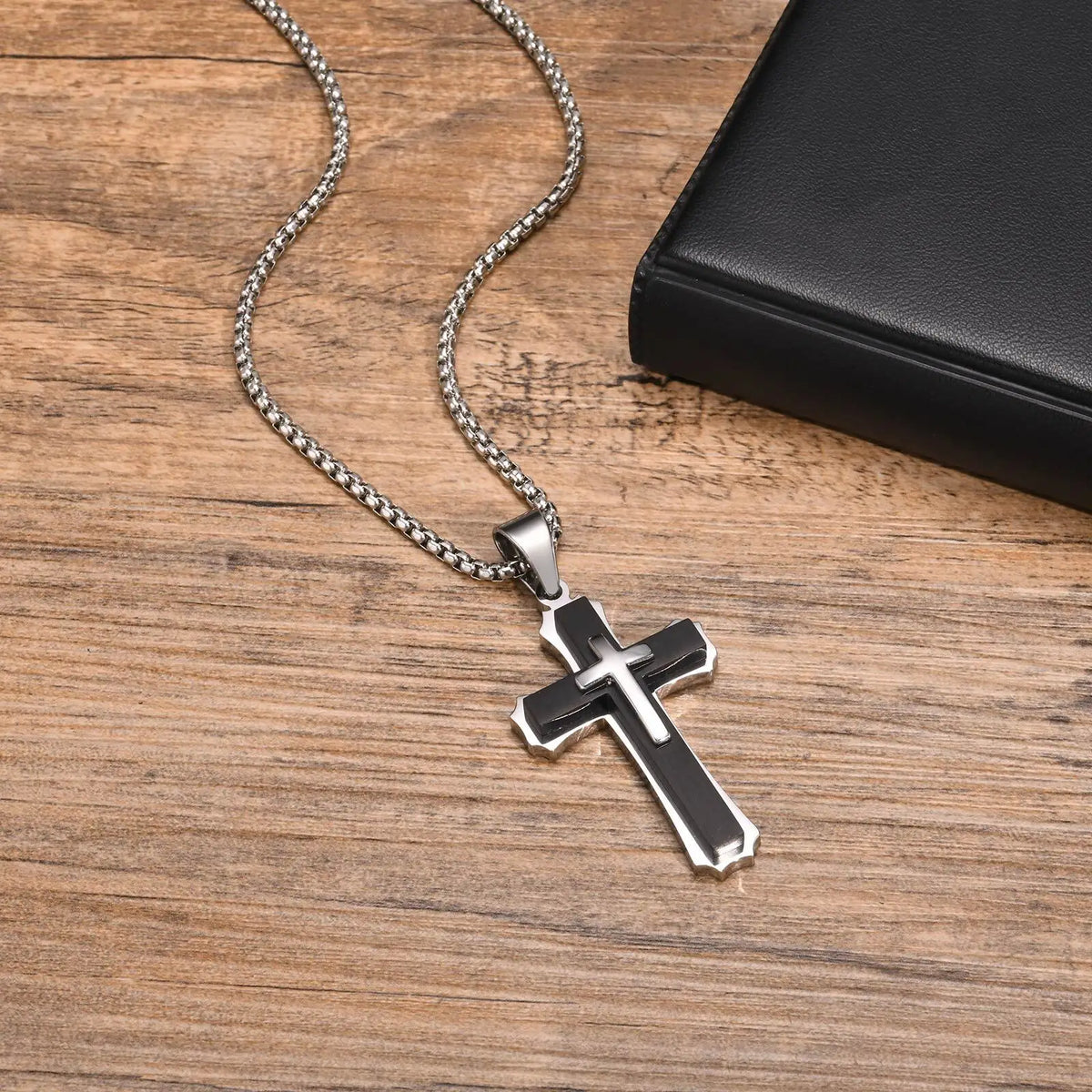 Chunky Three Layered Cross Necklaces for Men, Black Silver Color Stainless Steel Bold Faith Cross Pendant,Hip Hop Necklace  (GoldenCity)