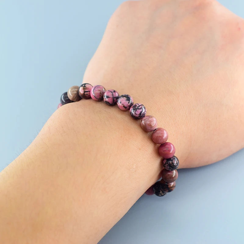 Natural Rhodonite Beaded Bracelets Men Women Energy Stone Beads Stretch Bracelets Yoga Healing Gem Beads Bangle Jewelry Gifts  (GoldenCity)