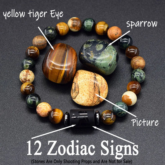 12 Zodiac Constellation Signs Bracelets for Men Women Real Natural Tiger Eye Sparrow Picture Stone Bead Bracelet Leo Taurus Gift  (GoldenCity)