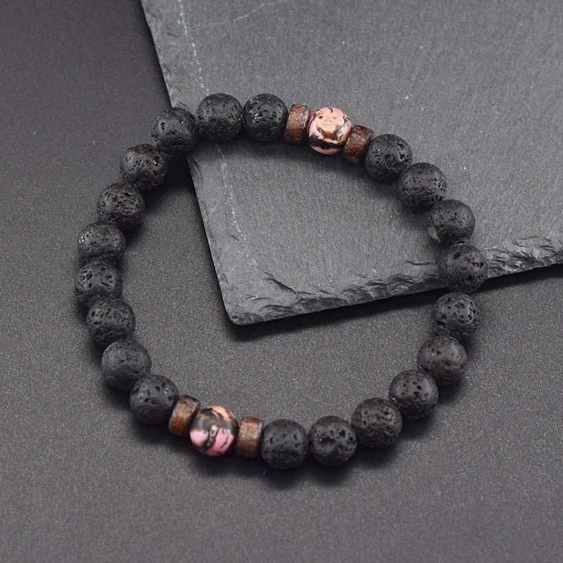 Genuine Rhodonite Beaded Bracelet Men Womne Natural Energy Volcanic Stone Beads Stretch Wrist Bracelet Yoga Healing Gem Jewelry  (GoldenCity)