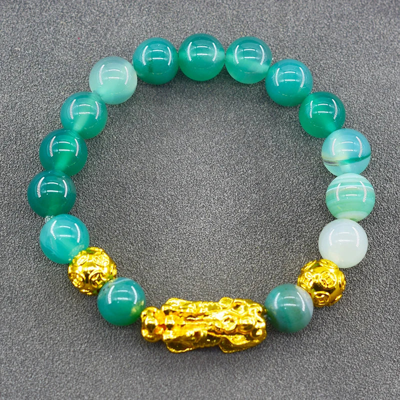 Pixiu Bracelet Feng Shui Wealth and Good Luck Bracelet Homme Wristband Gold Color Obisidian Stone Beads Black Six Character Gift  (GoldenCity)