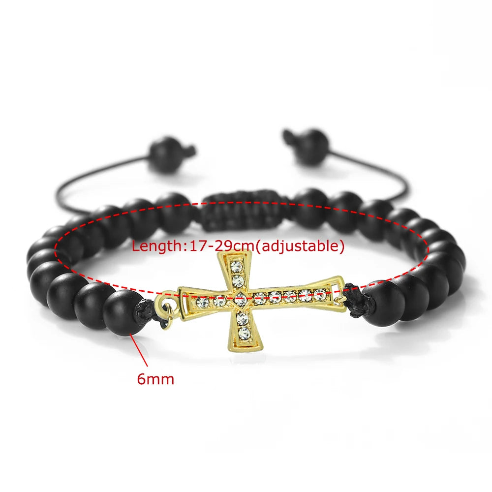 New Charm Jesus Cross Pendant Braided Bracelet 6mm Black Matte Malachite Couple Bracelet Women Men Healing Jewelry Gift  (GoldenCity)