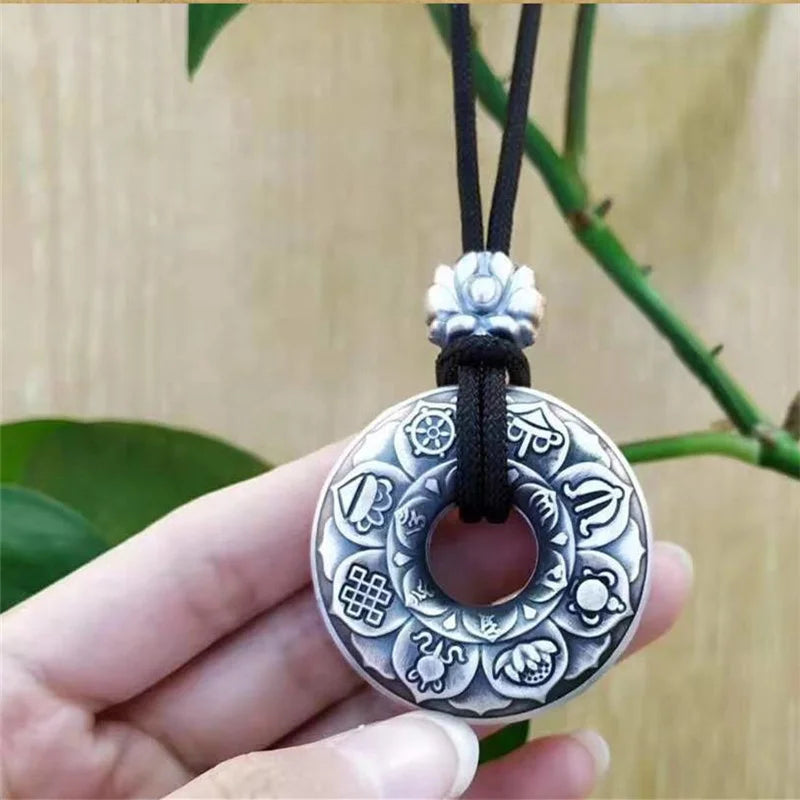 Silver Retro Lotus Buddha Sutra Six-character Mantra Pendant Necklace For Men Women Jewelry Ethnic Black Rope Male Necklace Amulet Gift  (GoldenCity)