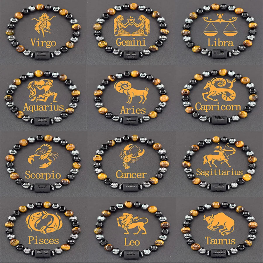 12 Zodiac Sign Bracelet Homme Constellation Bangle Natural Yellow Tiger Eye Stone Hematite Cancer Virgo Leo Libra Bracelet Women  (GoldenCity)