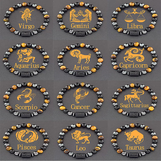 12 Zodiac Signs Bracelet Homme 12 Constellation Yellow Tiger Eye Wealth and Money Jewelry for Women Bracelet Friendship Gift  (GoldenCity)